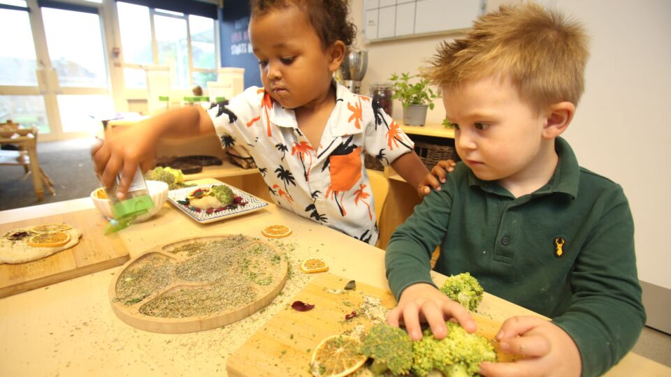 Two young boys engage in a creative activity, decorating dough with herbs, broccoli, and dried fruit.